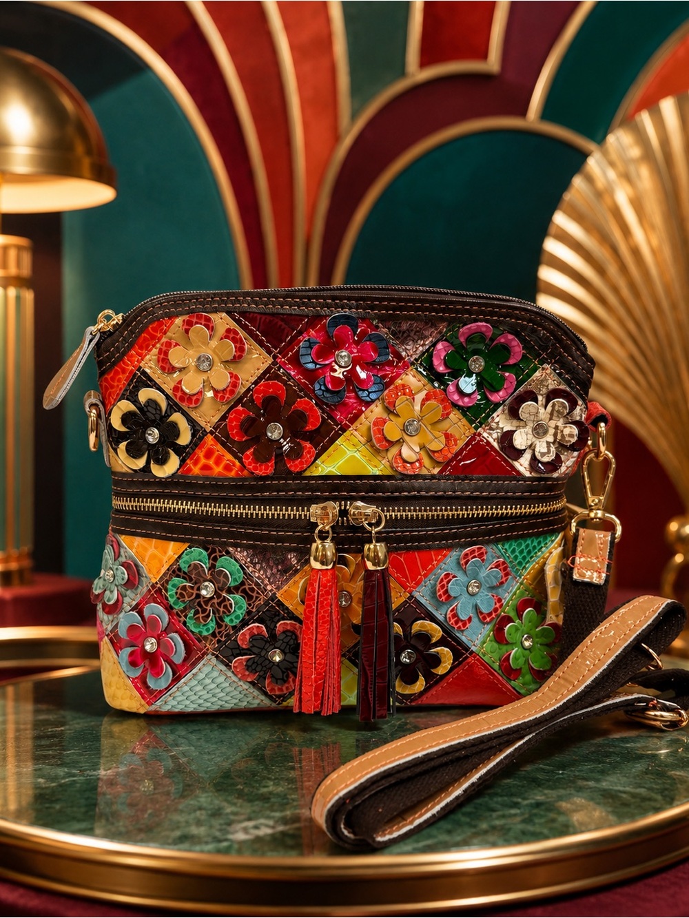 🆕😍OMG!Multicolor Leather Floral Patchwork Crossbody Bag